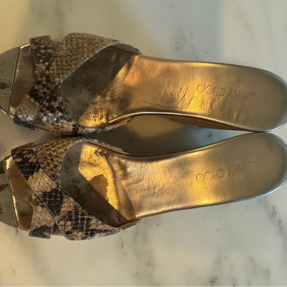 Jimmy Choo Gold and Brown Snake Print mule wedges, 4 inch heel